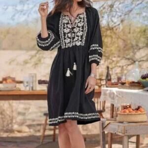 Sundance Josephena Garden Black & White Flower Embroidered Cottagecore Dress